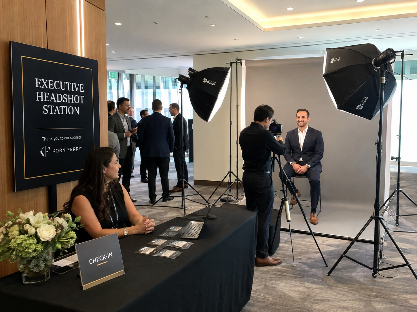 An executive headshot station at a conference: a branded check-in desk, a sponsor logo on the sign, and a guest being photographed against a backdrop under two softboxes